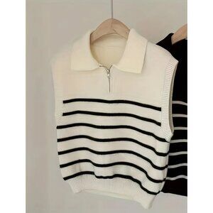 Vintage Striped Knit Vest – Sleeveless, Lapel Collar, Zip Neck, Chic & Trendy